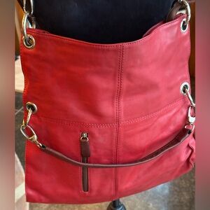 Lavorazione Artigianale red and dark brown shoulder/crossbody bag. Buttery soft